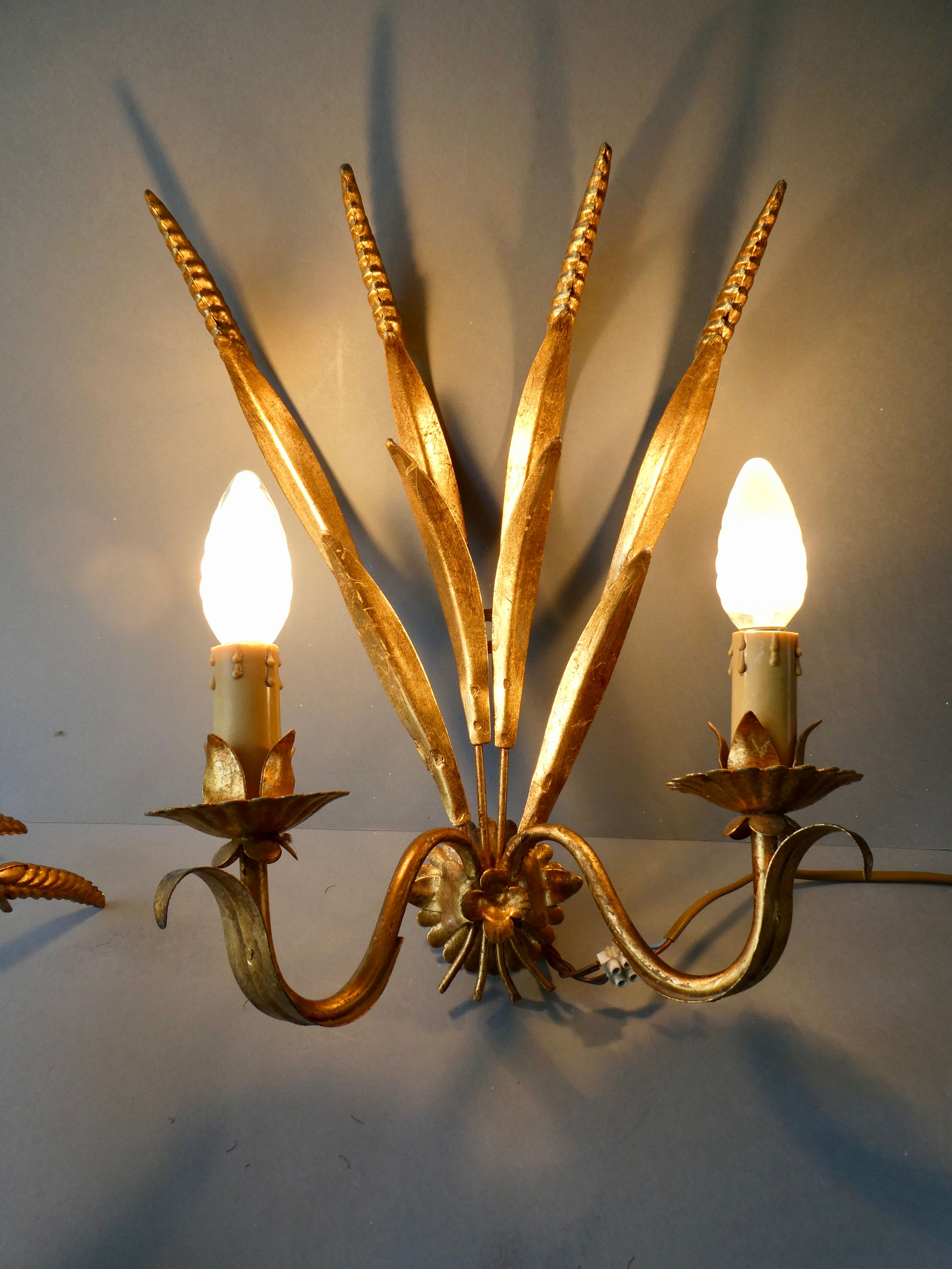 Pair of gold metal wheat ear sconces, 70s-80s