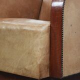 Art Deco design armchair made of cowhide leather in light cognac colour