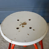Screw stool red ironwork 1960 wooden seat