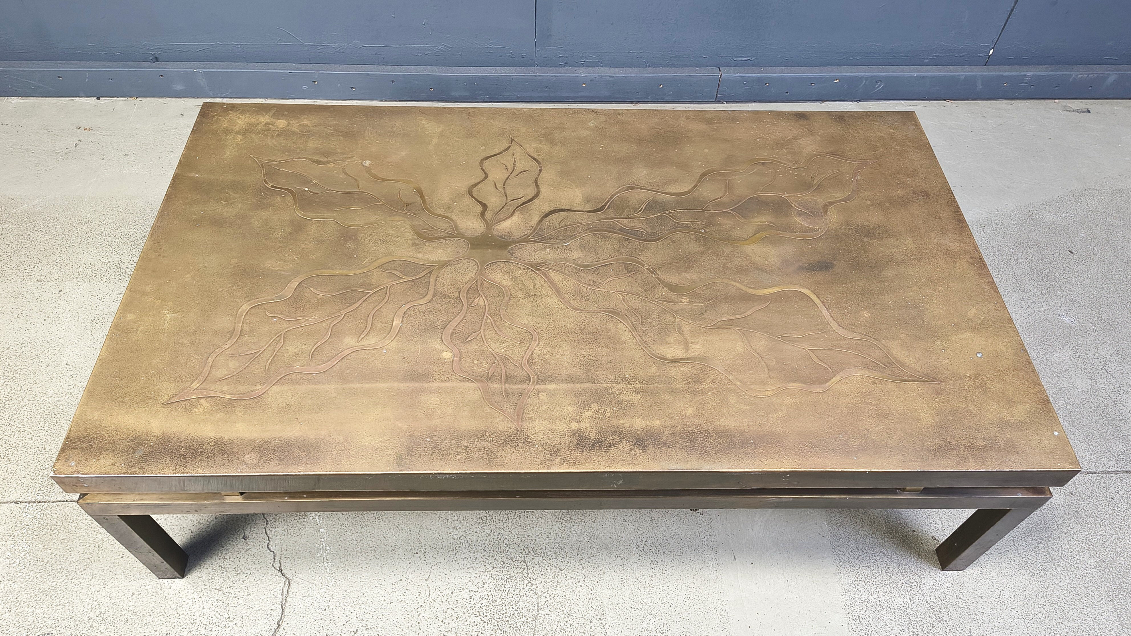 Vintage etched brass coffee table signed by Willy Daro, 1970s