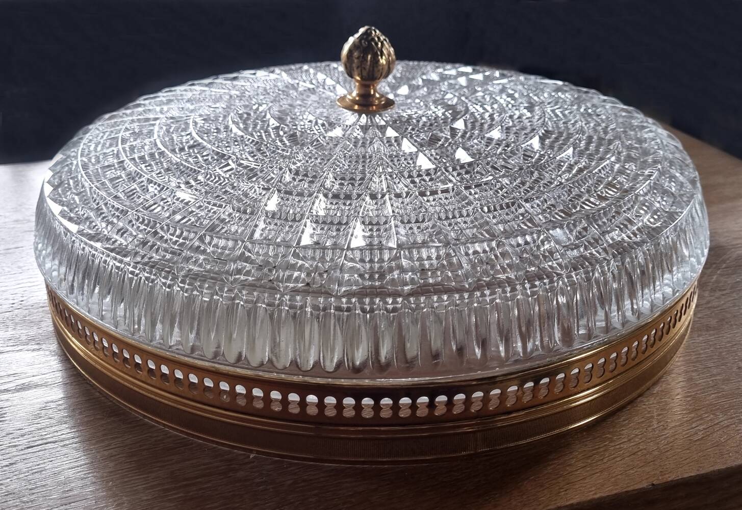 Large vintage Lucien Gau crystal and brass ceiling light