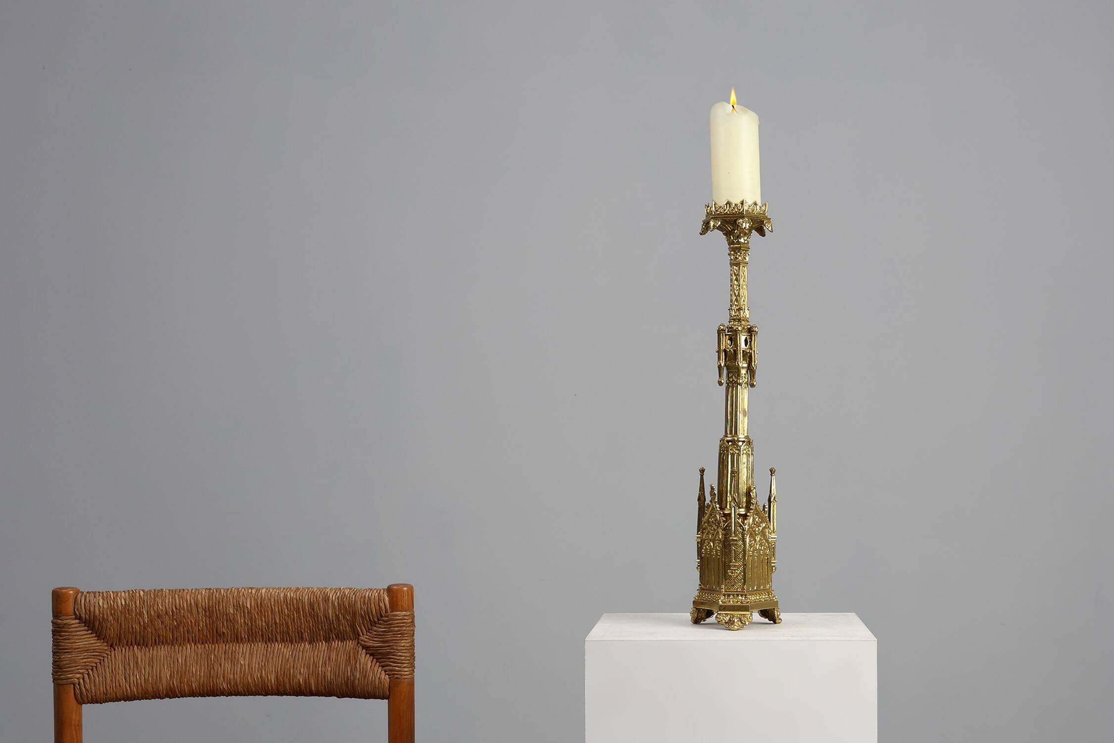 Neo‑Gothic Copper Church Candleholder Stamped “LL A Paris”, France ca. 1880