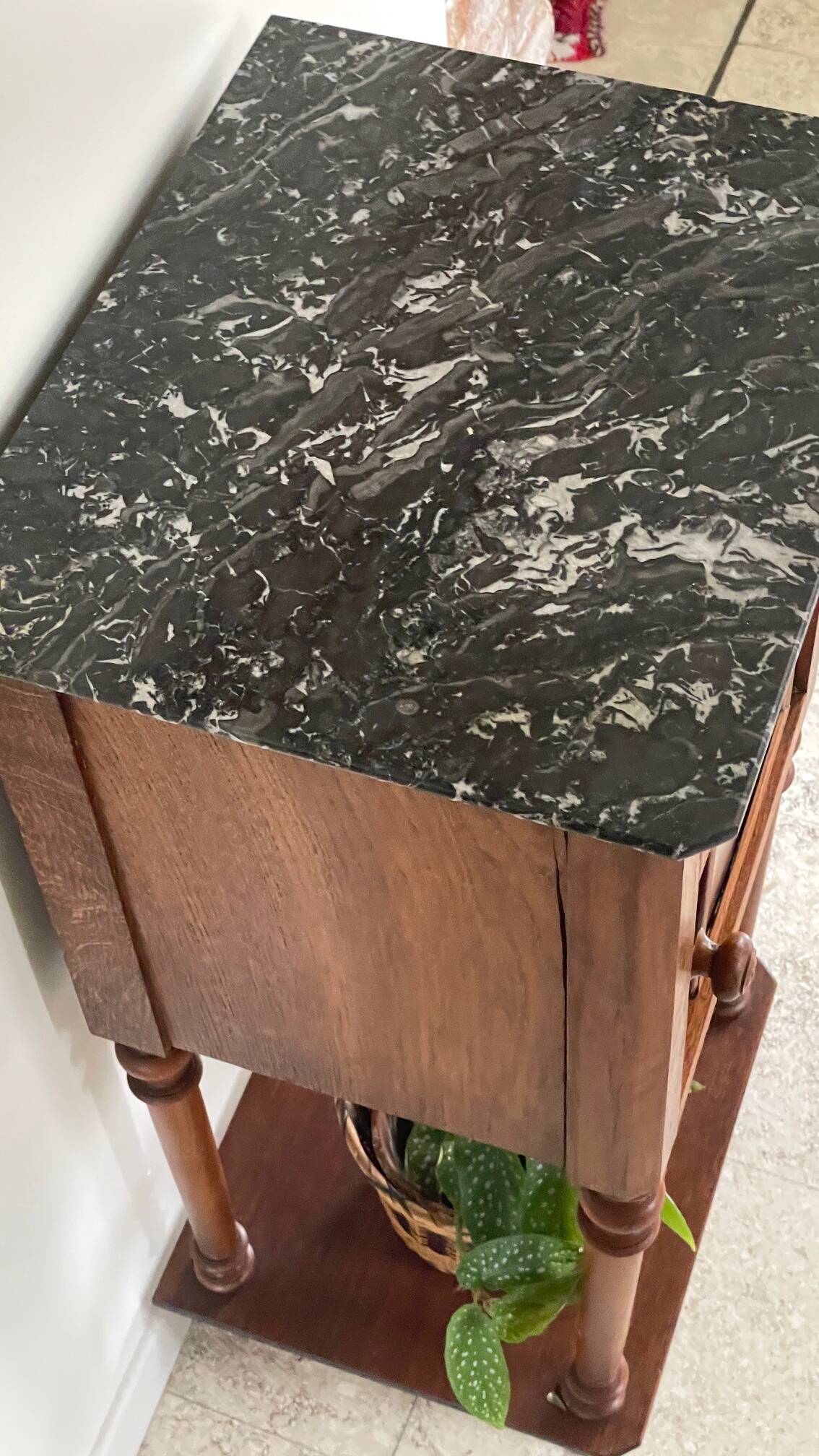 Antique bedside table in wood and marble