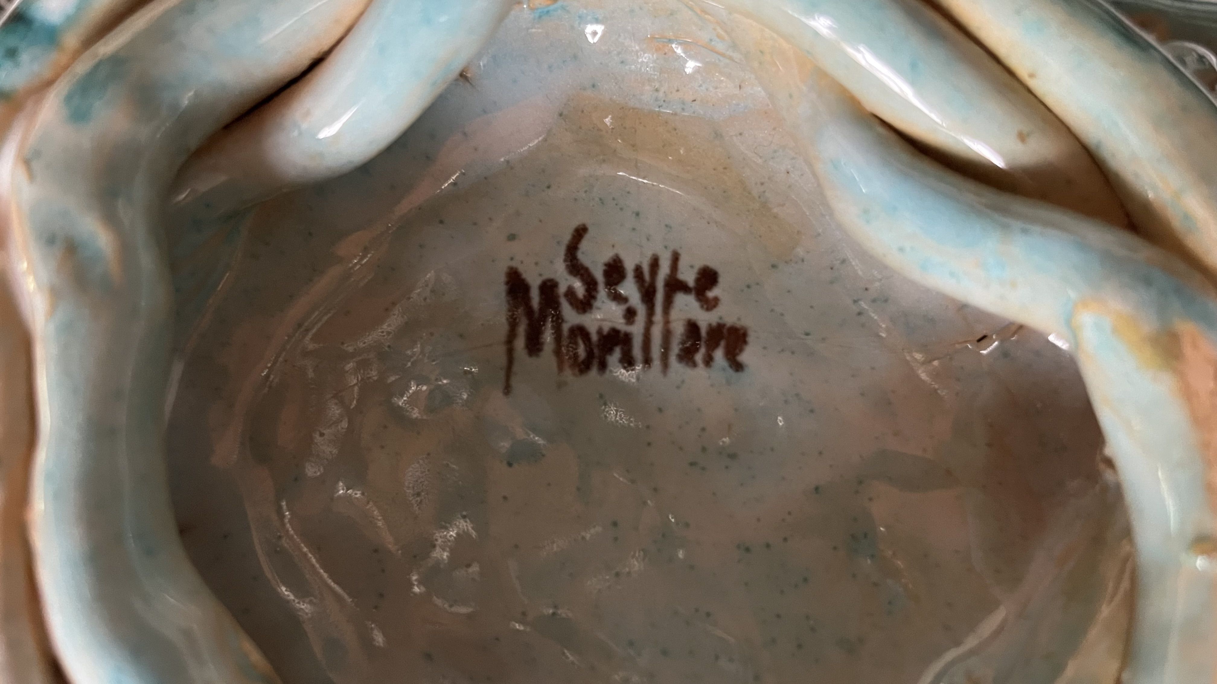 Vintage woven ceramic fruit bowl signed Morillere