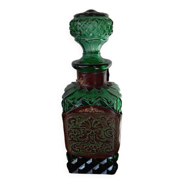 Ancienne carafe bouteille cuir whisky Vert émeraude