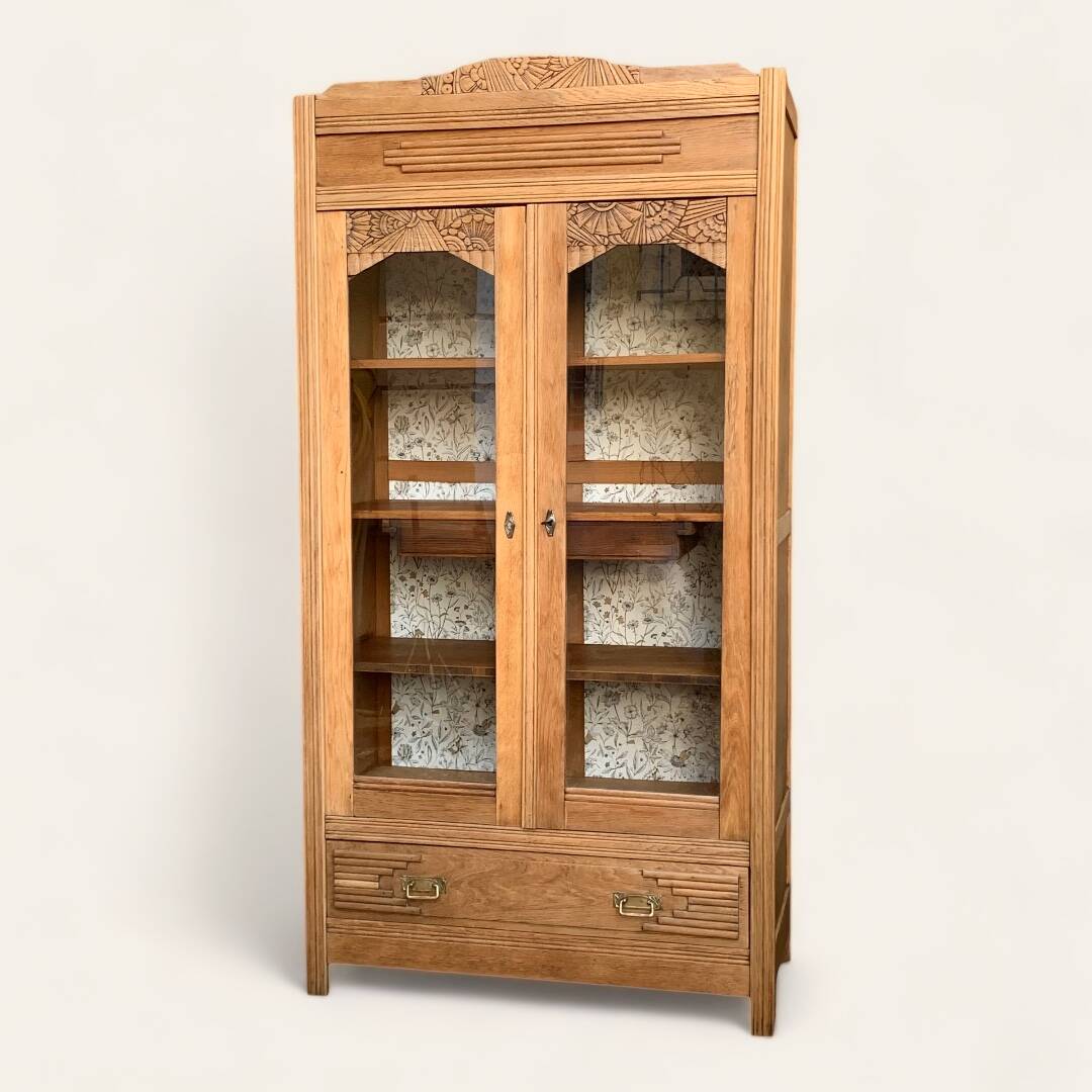 Parisian art deco glass cabinet in raw wood