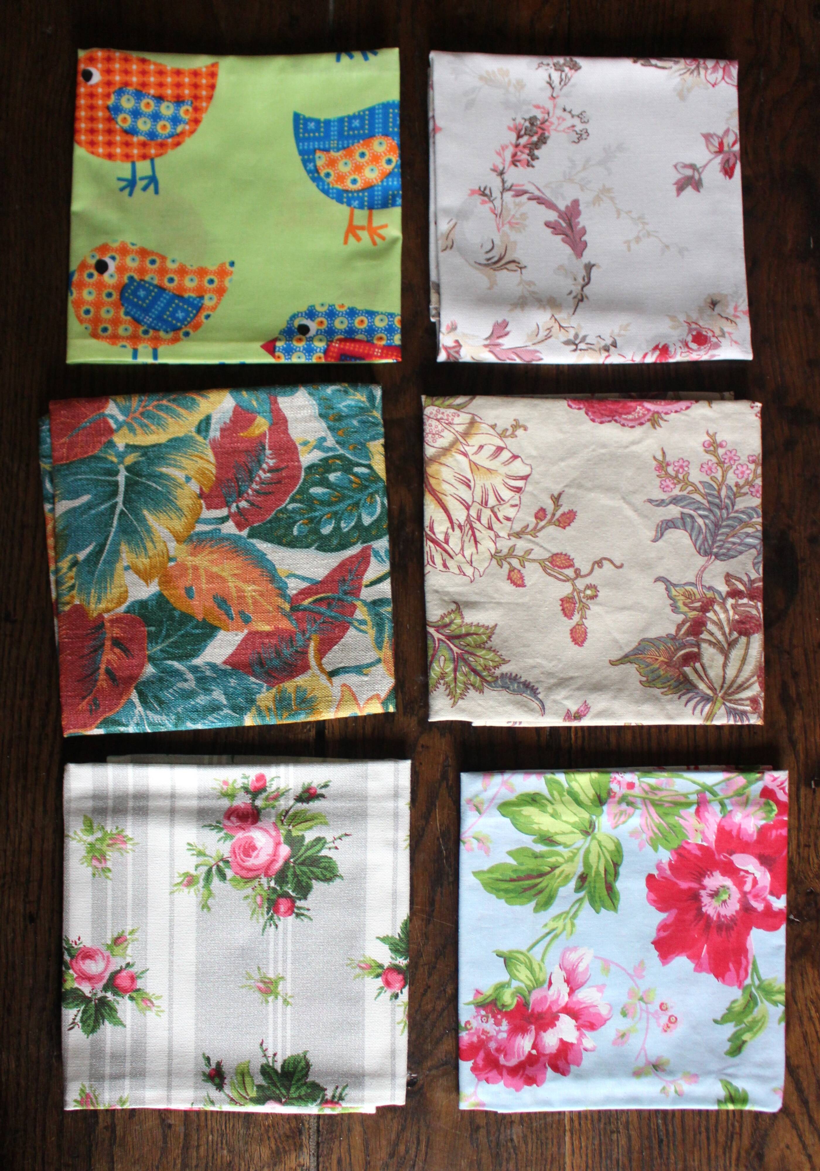 Set of 6 mismatched floral and bird napkins