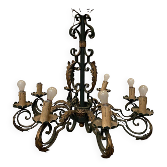Louis XV style chandelier in wrought and hammered iron 20th century