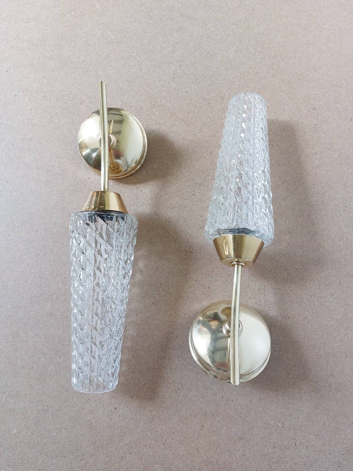 Pair of brass and glass wall lights
