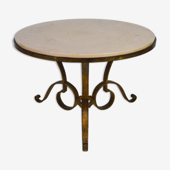 Coffee table by Raymond Subes, wrought iron gilded and marble, France, circa 1935