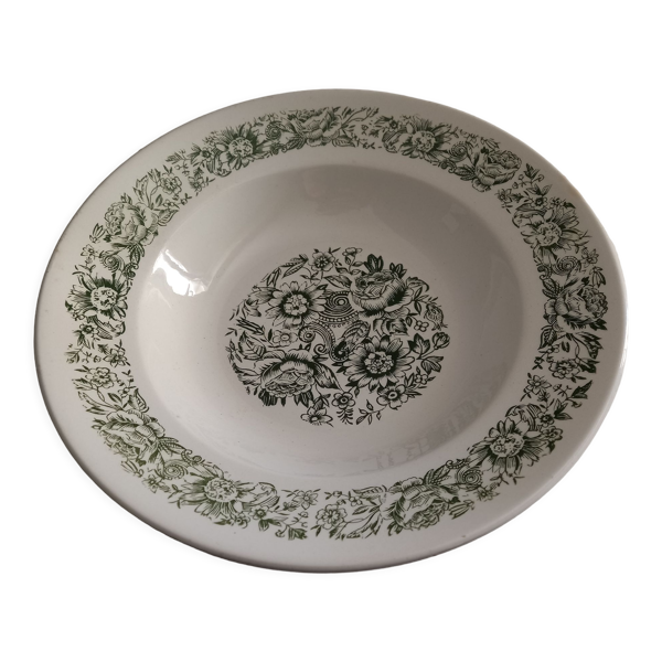 Plat de service creux ancien en porcelaine Motif Floraux verts