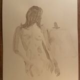 Tableau signé, aquarelle monochrome portait féminin « devant le chevalet »