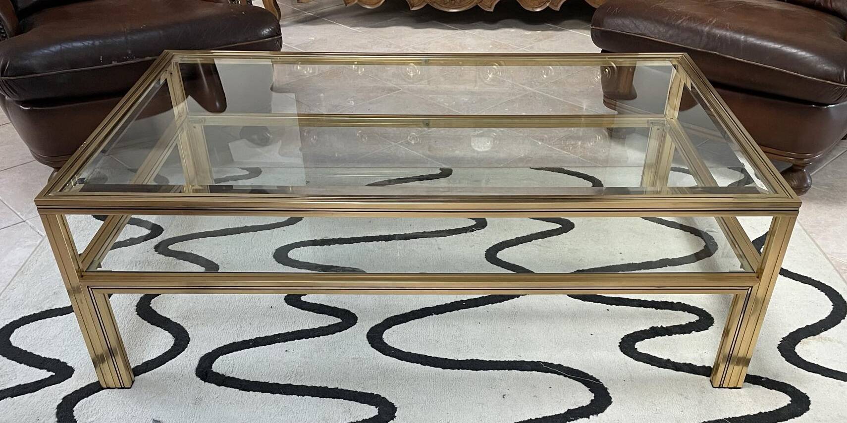 Vintage Pierre Vandel Paris Coffee Table Gold Aluminum and Glass with Two Trays 70'