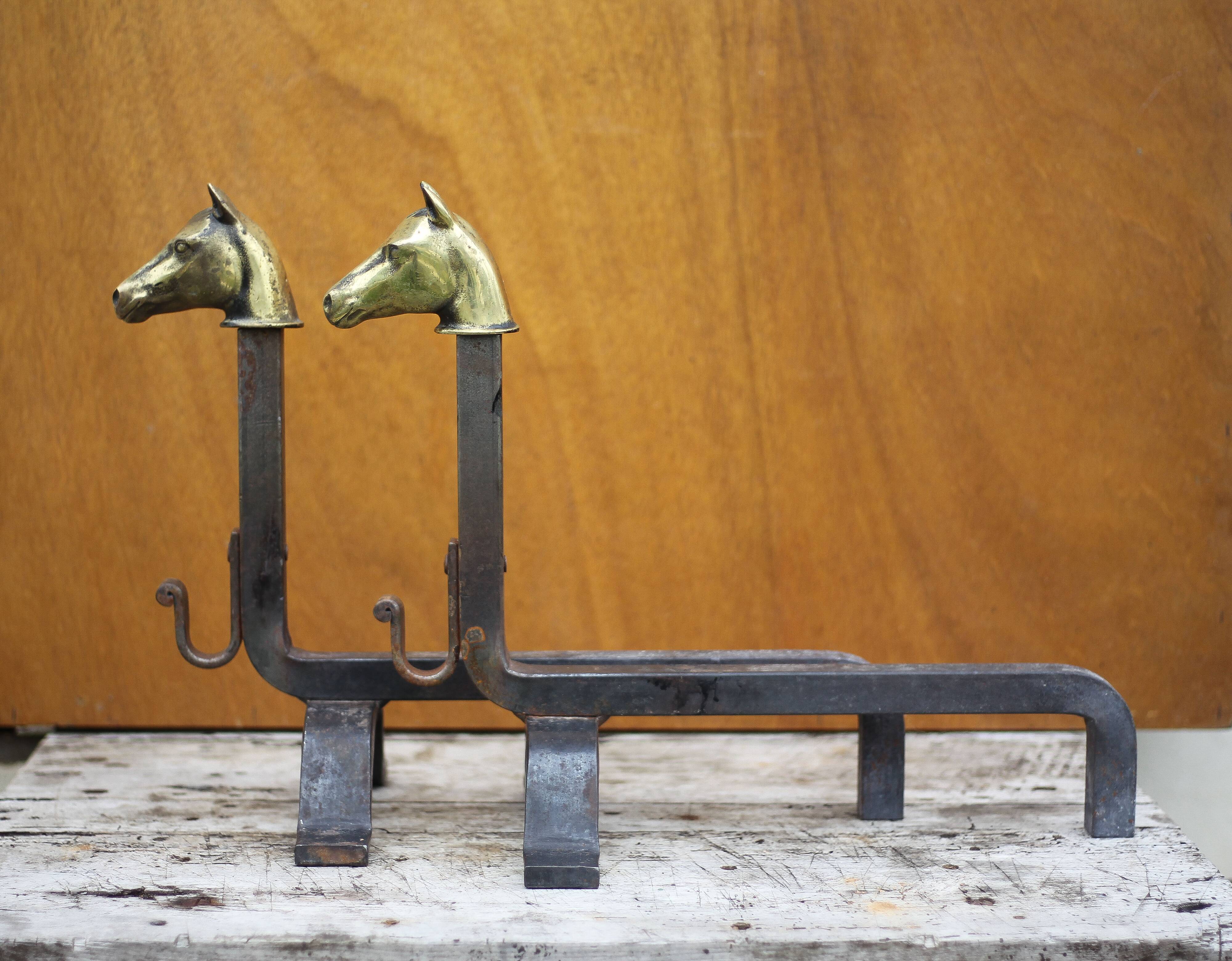 Vintage fireplace andirons, pair of cast iron animal andirons, brass horse head