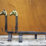 Vintage fireplace andirons, pair of cast iron animal andirons, brass horse head