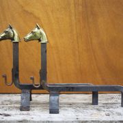 Vintage fireplace andirons, pair of cast iron animal andirons, brass horse head