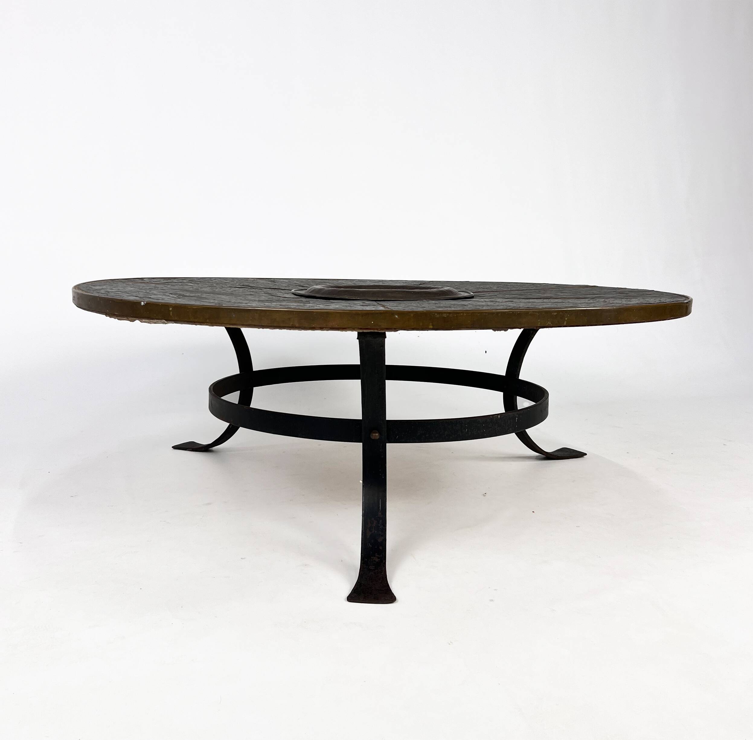 Large brutalist steel and slate coffee table, 1960s