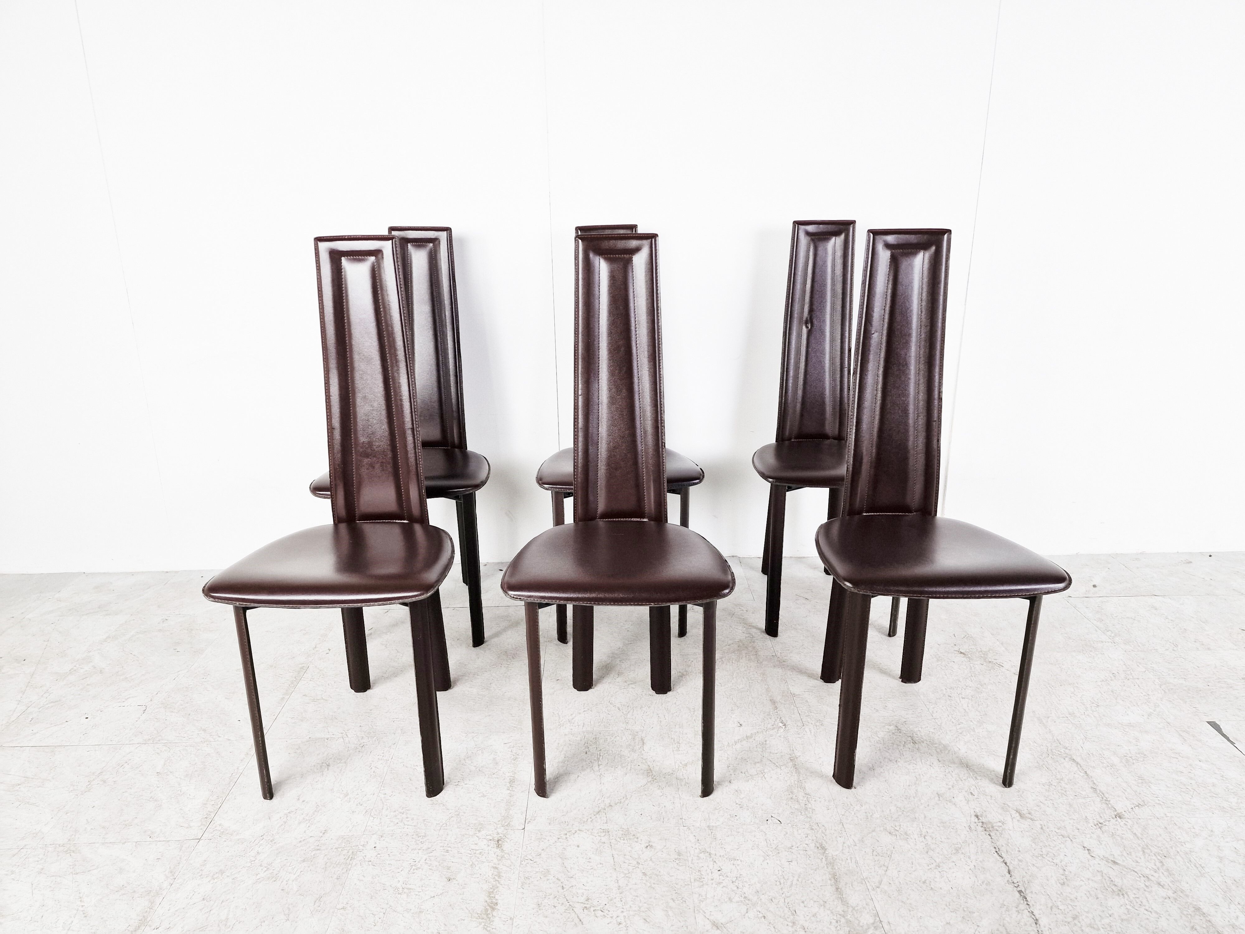 Vintage brown leather dining chairs, set of 6, 1980s