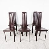 Vintage brown leather dining chairs, set of 6, 1980s