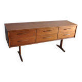 Brown teak sideboard by Frank Guille for Austinsuite, 1960s, 6 drawers, trestle legs.