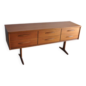 Brown teak sideboard by Frank Guille for Austinsuite, 1960s, 6 drawers, trestle legs.