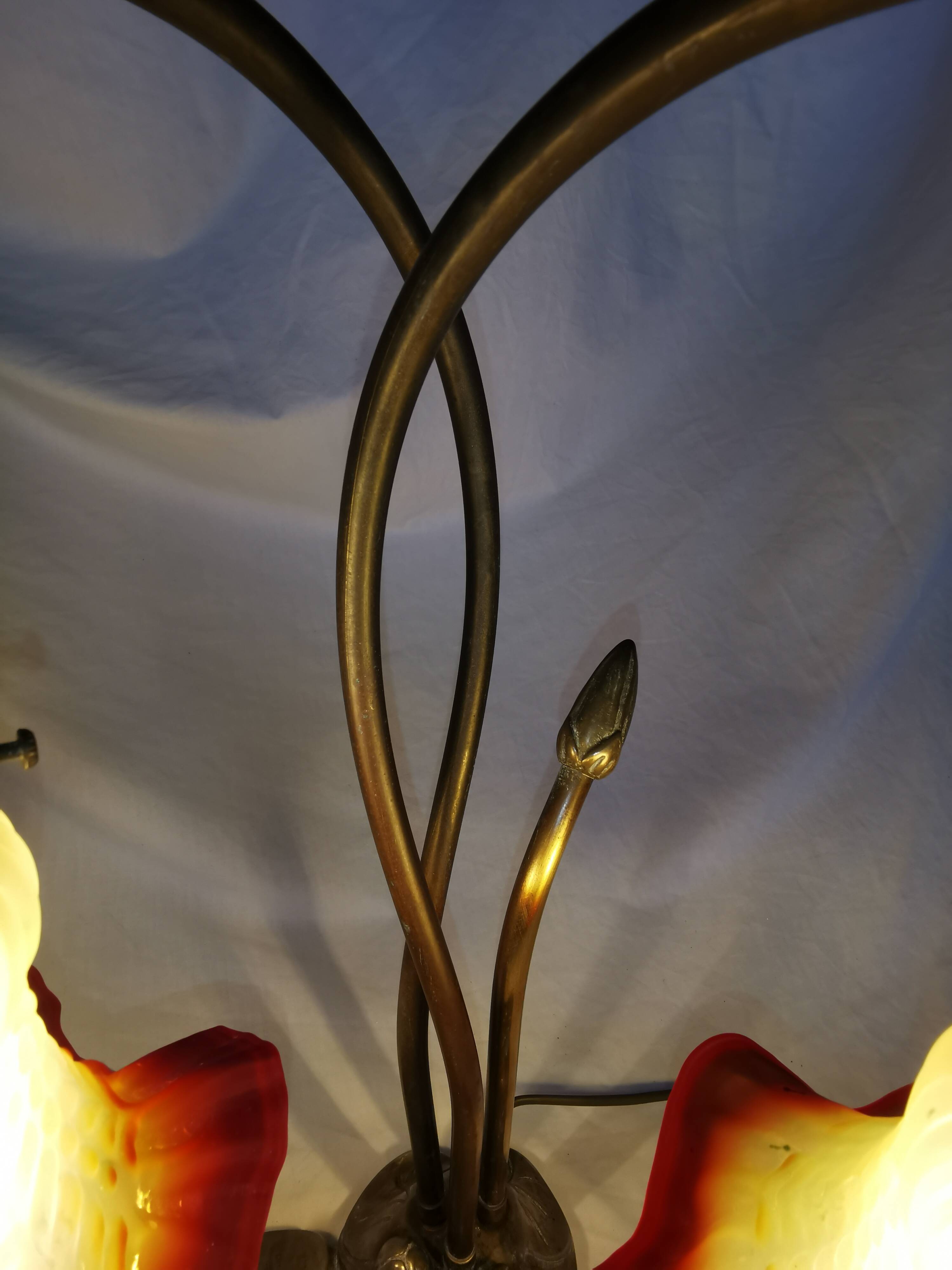 Brass water lily lamp and glass paste tulip, double, art nouveau style.