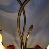 Brass water lily lamp and glass paste tulip, double, art nouveau style.