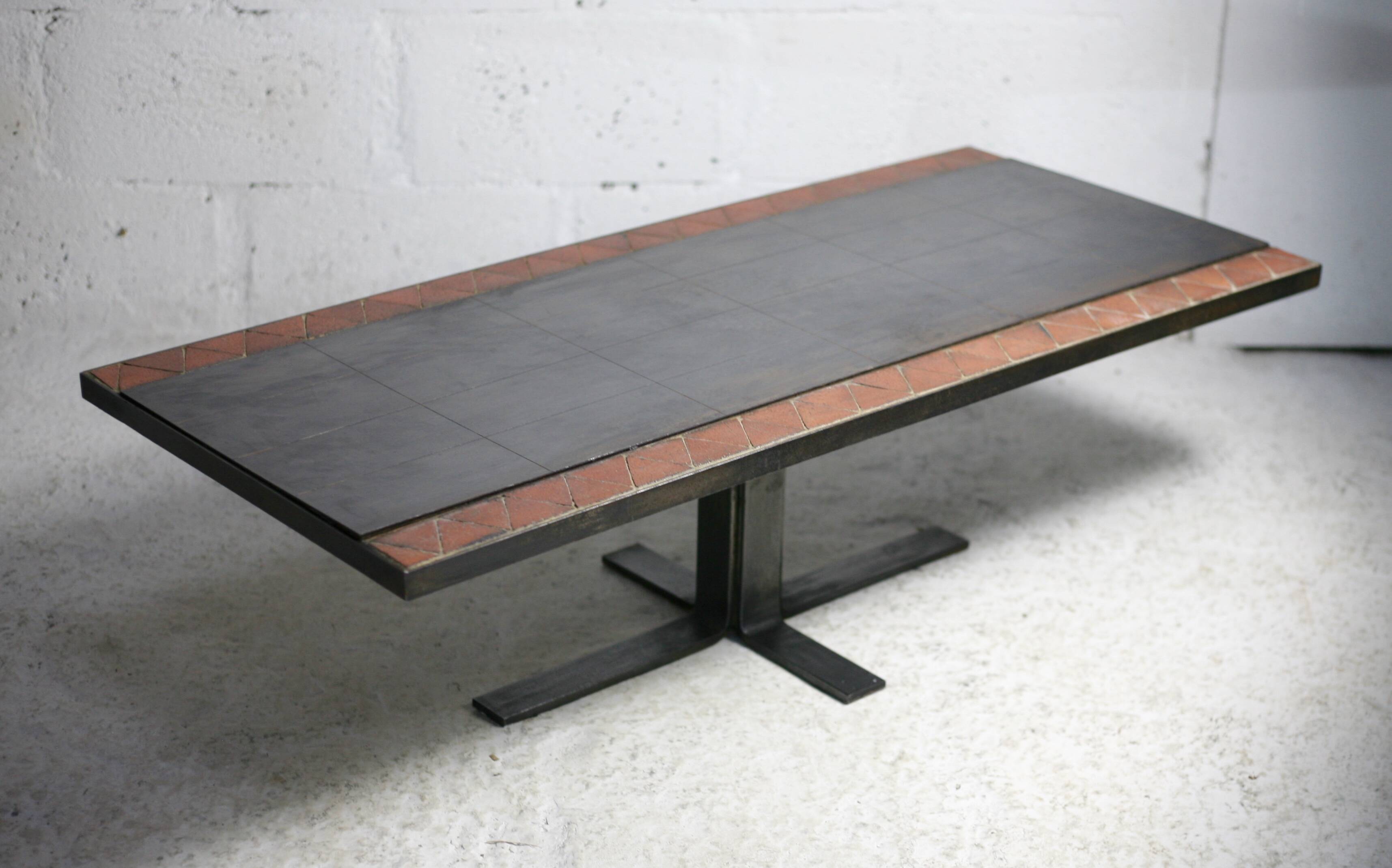 Coffee table, ceramic and steel plates, circa 1960.