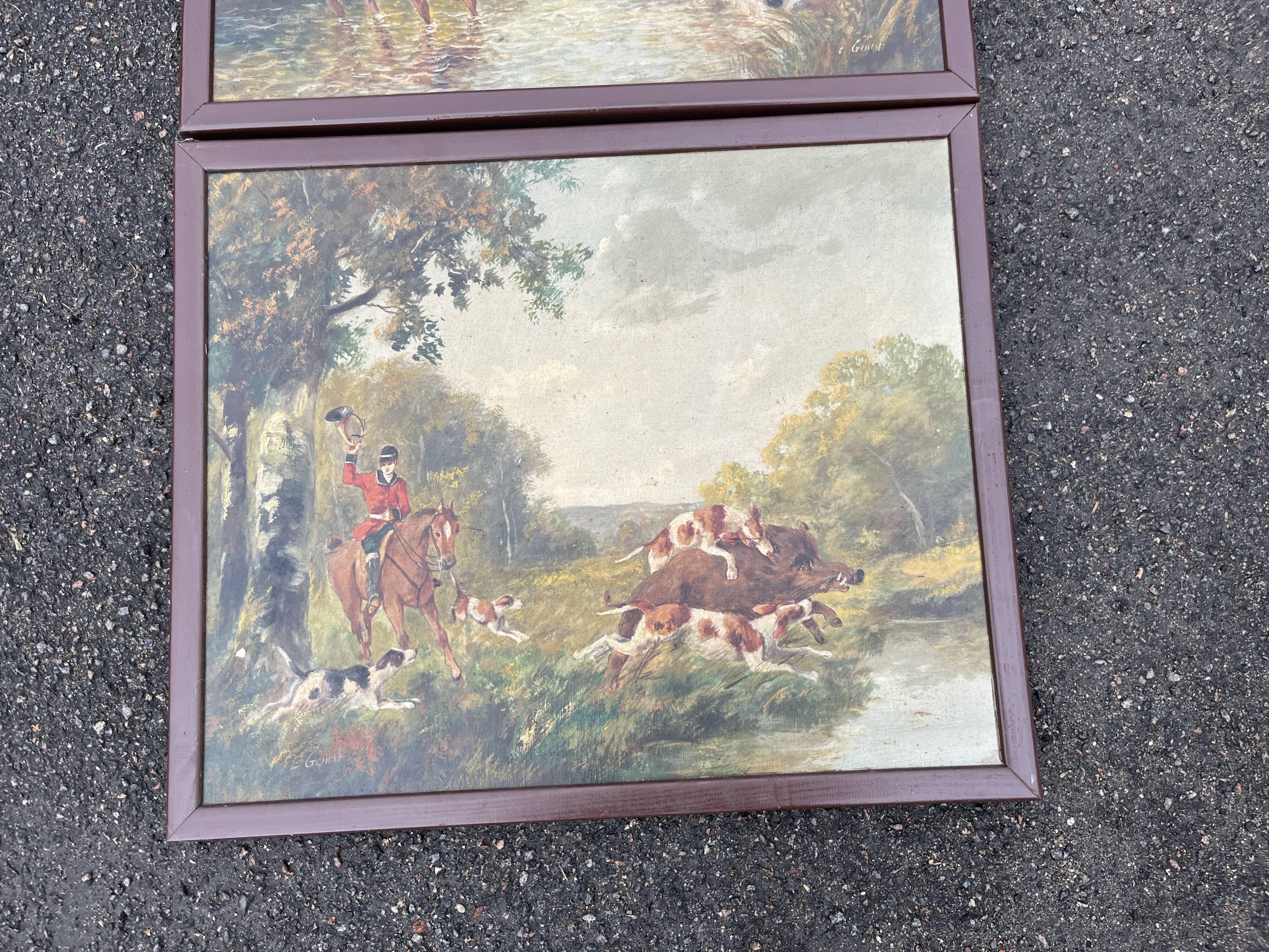 Pair of oil on canvas paintings depicting hunting scenes with deer and wild boar.