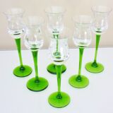 Liqueur set, blown glass, signed Portieux, 1 carafe & 6 stemmed glasses