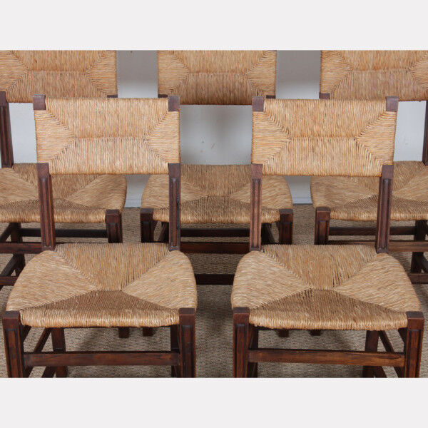 Set of 6 oak rush chairs, French work, 1950.