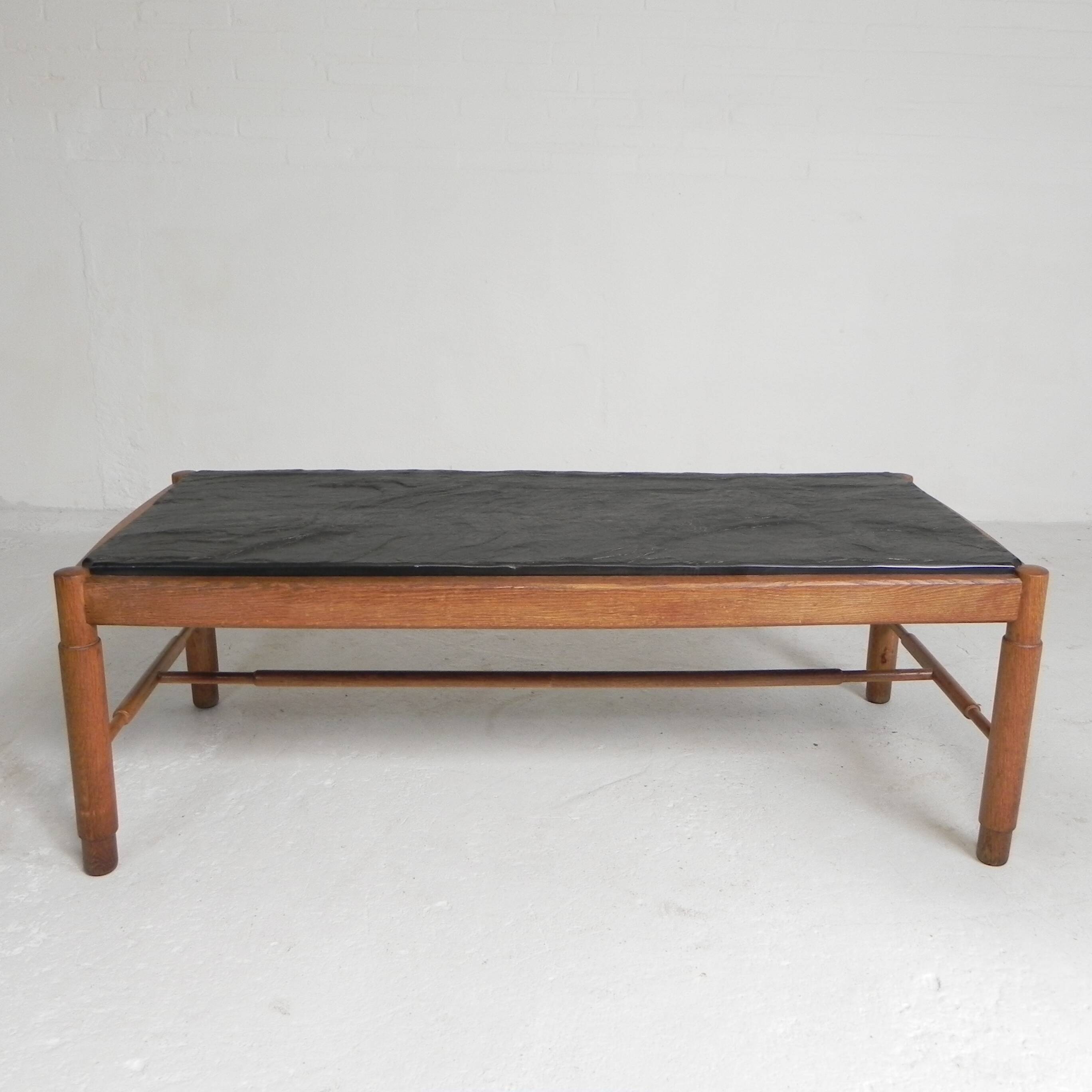 Vintage oak coffee table with a slate top in an oak frame, 1960s.