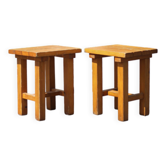 Pair of vintage stools, brutalist pine stools, side stools