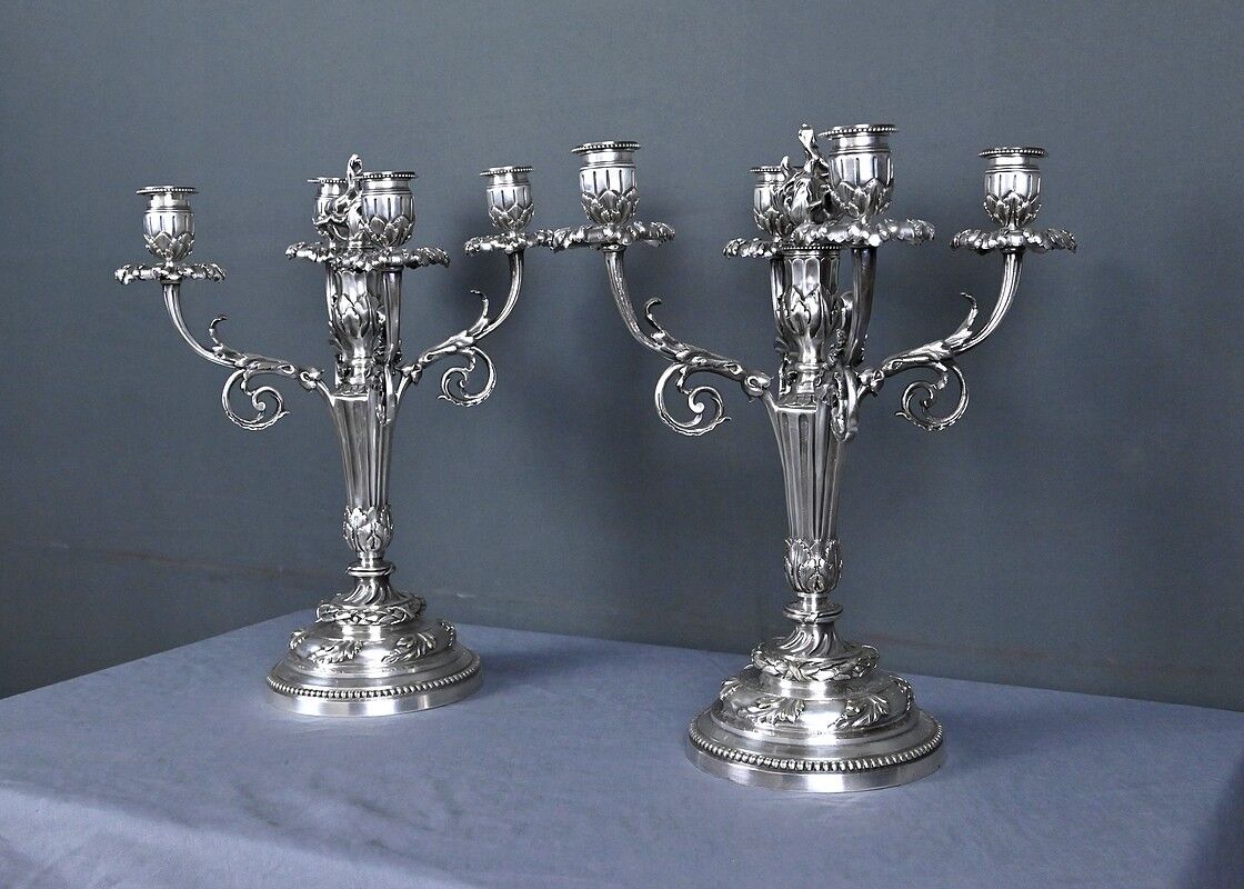 Pair of silver-plated candelabra, Louis XVI style – late 19th century