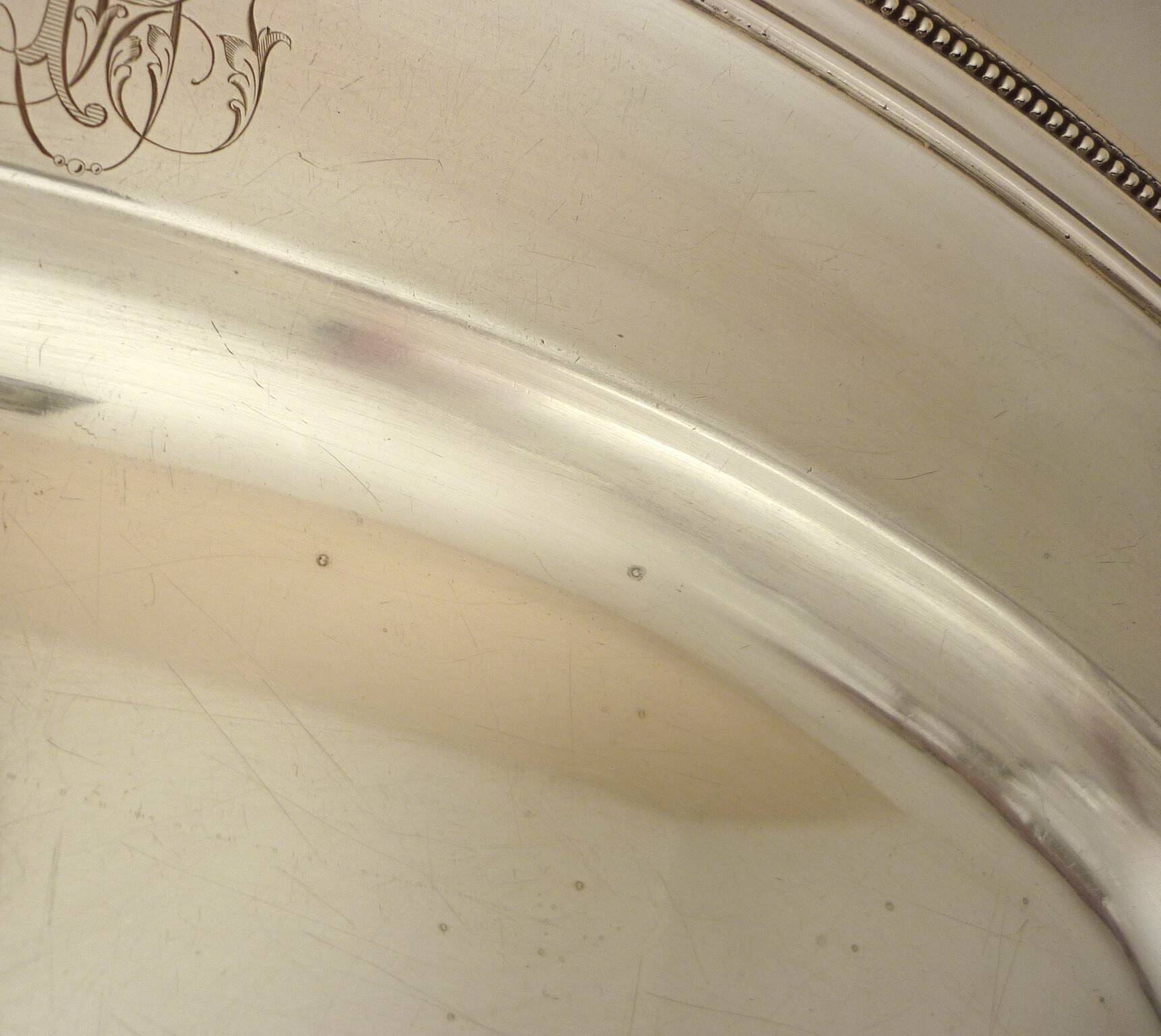 Oval dish, silver-plated metal, Christofle goldsmith, pearl frieze model, 49cm
