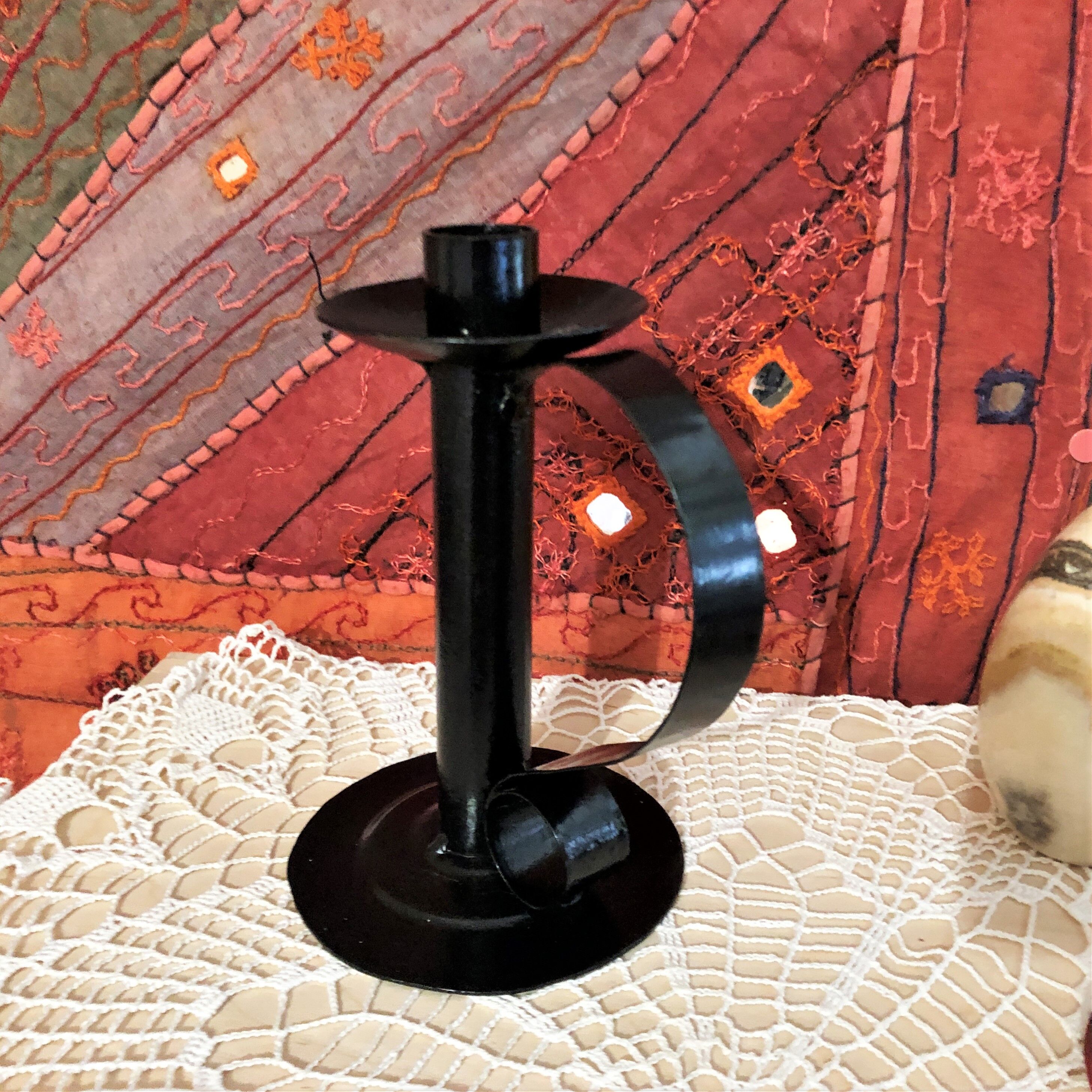 Bougeoir à main artisanal fer forgé noir vintage