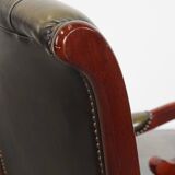 Green English-Style Cowhide Leather Chesterfield Armchair with Wood