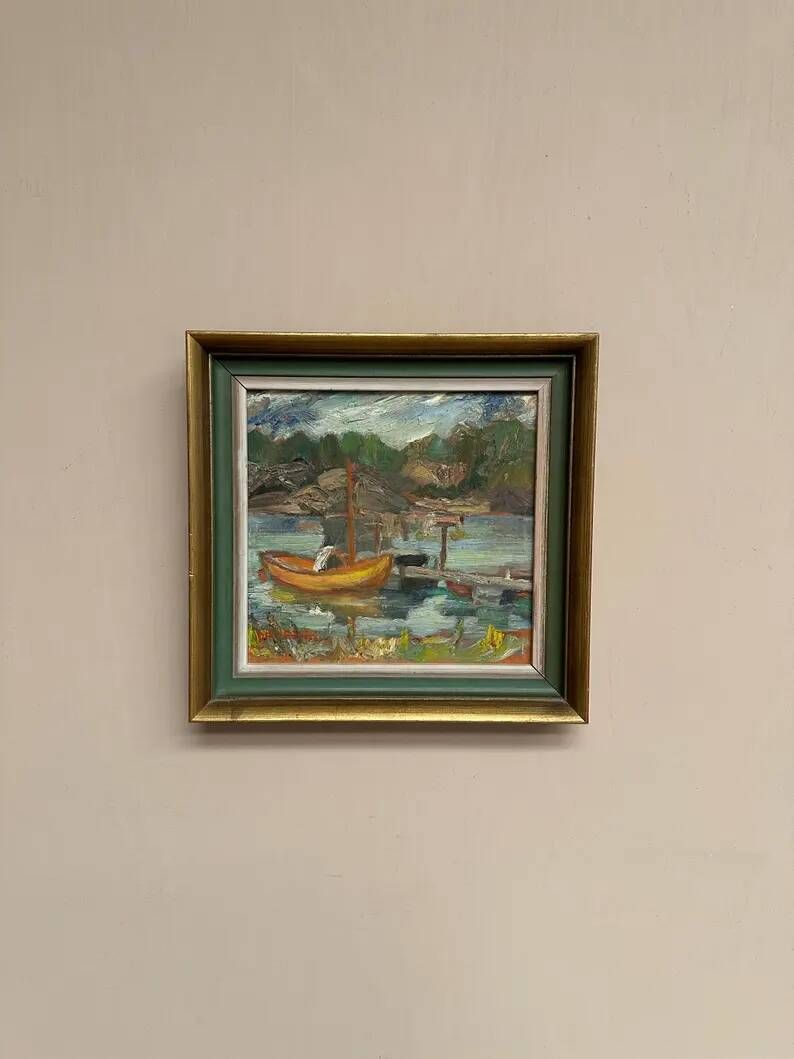 Oil on Swedish Panel - "Dock" by Dal-Edvin - Signed - Vintage and Framed - 31 × 30 cm (12.2 in × 11.8 in)