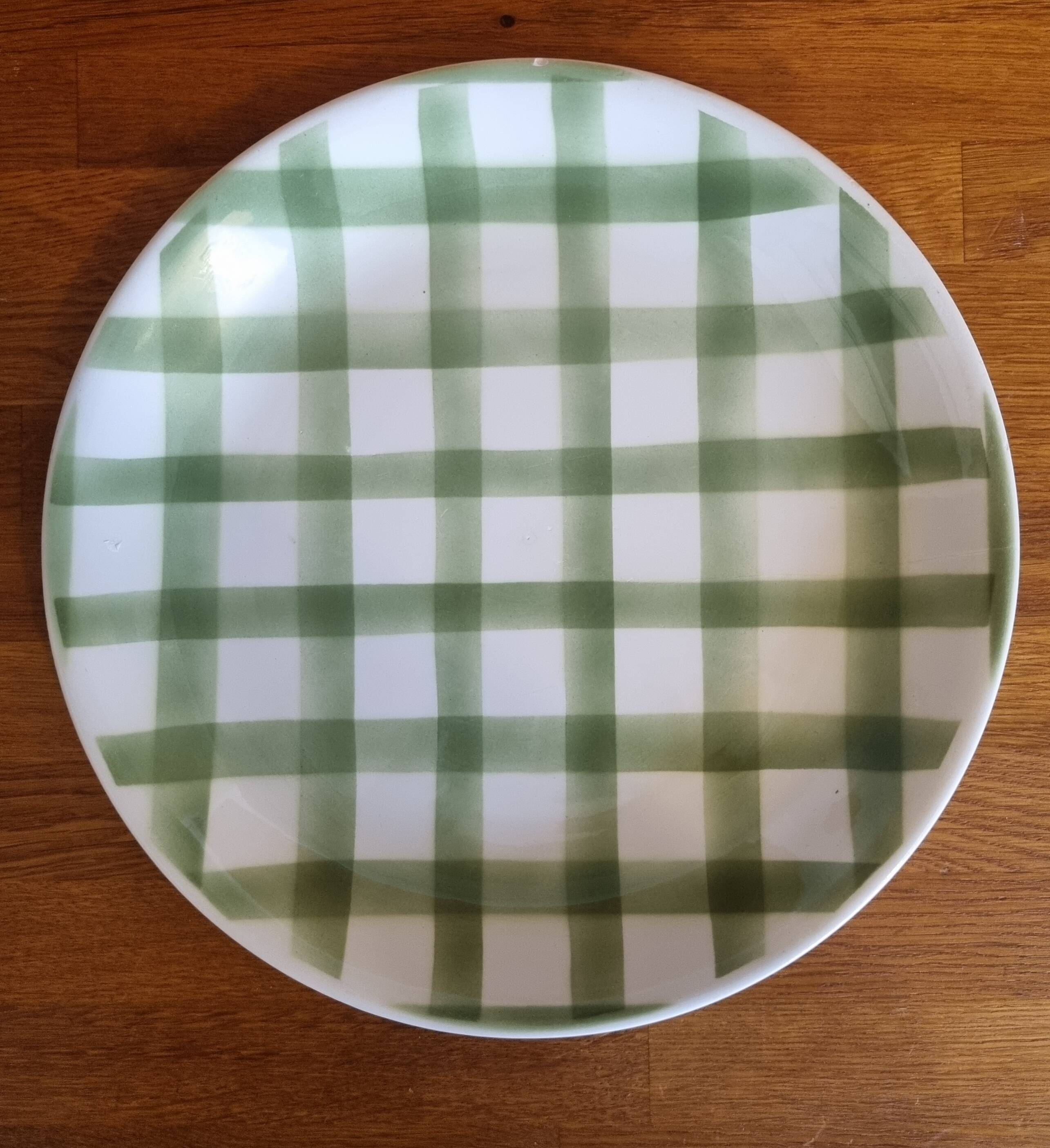 Large round vintage serving platter Vichy green check pattern