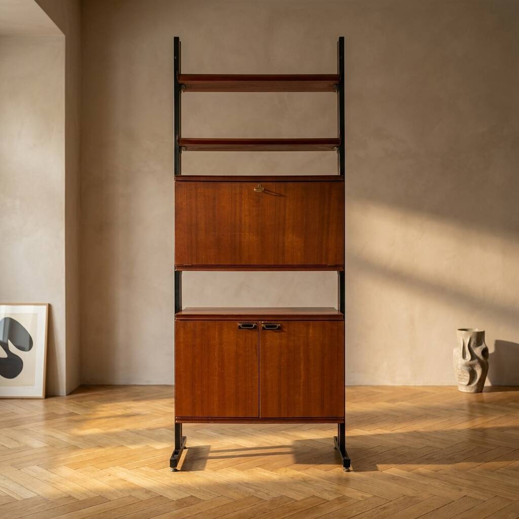 Unité murale modulaire moderne du milieu du siècle, cabinet de rangement en placage et métal noir, années 1960, Europe