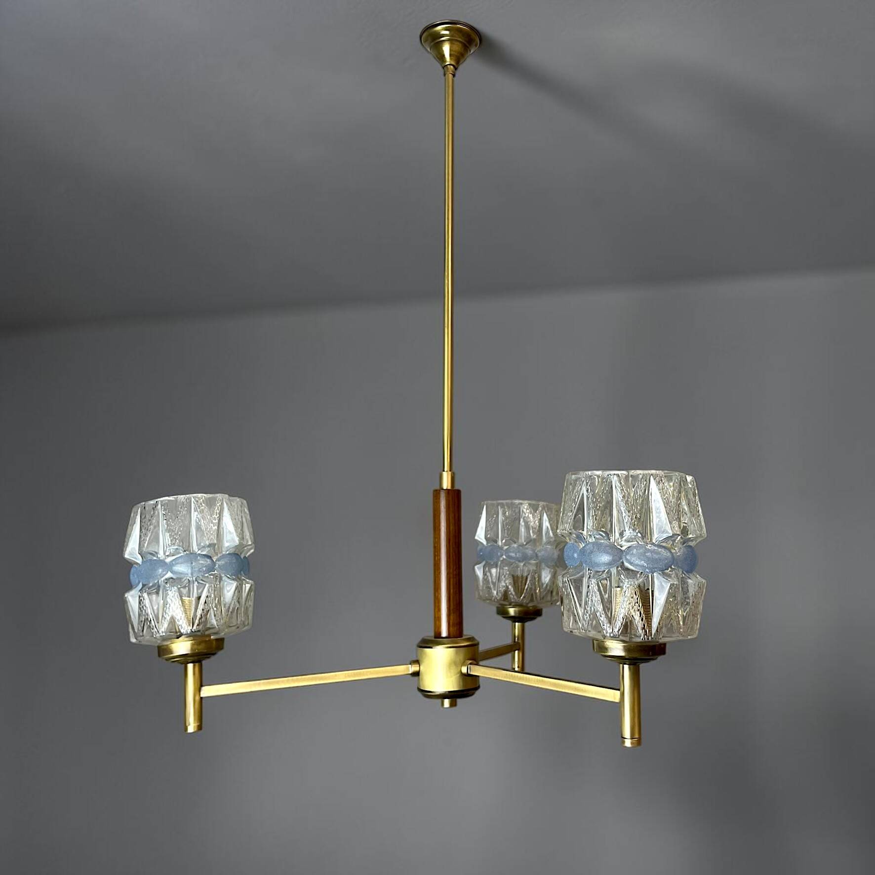 Mid Century Modern 3-light wood and glass chandelier