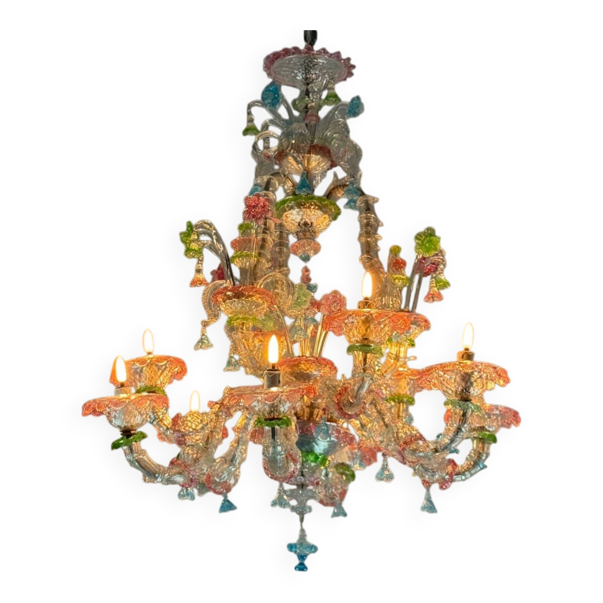 Rezzonico Venetian chandelier in multi-colored Murano glass, 9 light arms, circa 1940