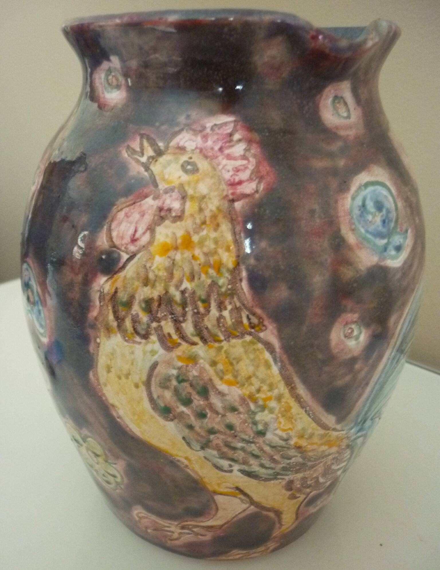 Rooster pitcher vase, glazed ceramic signed Jeanne Azambourg, Le Clos De Joye, 1960s