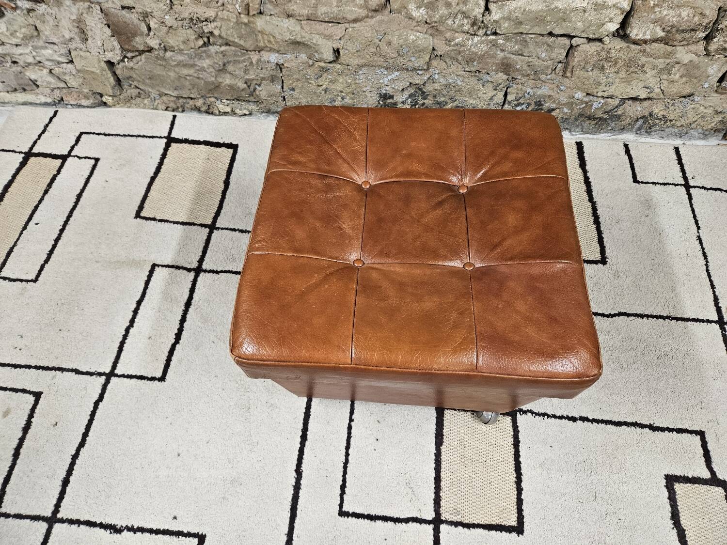Ottoman chest pouf 1960 leather on vintage casters
