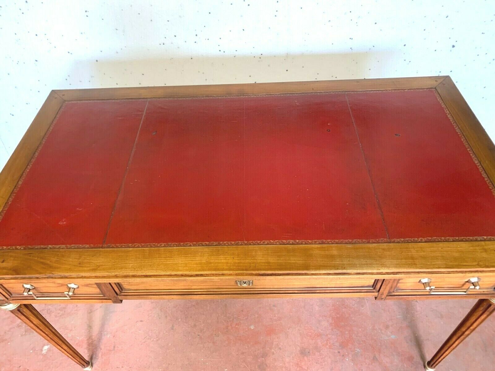 Louis XVI-style flat desk Merisier Red leather top 20th century