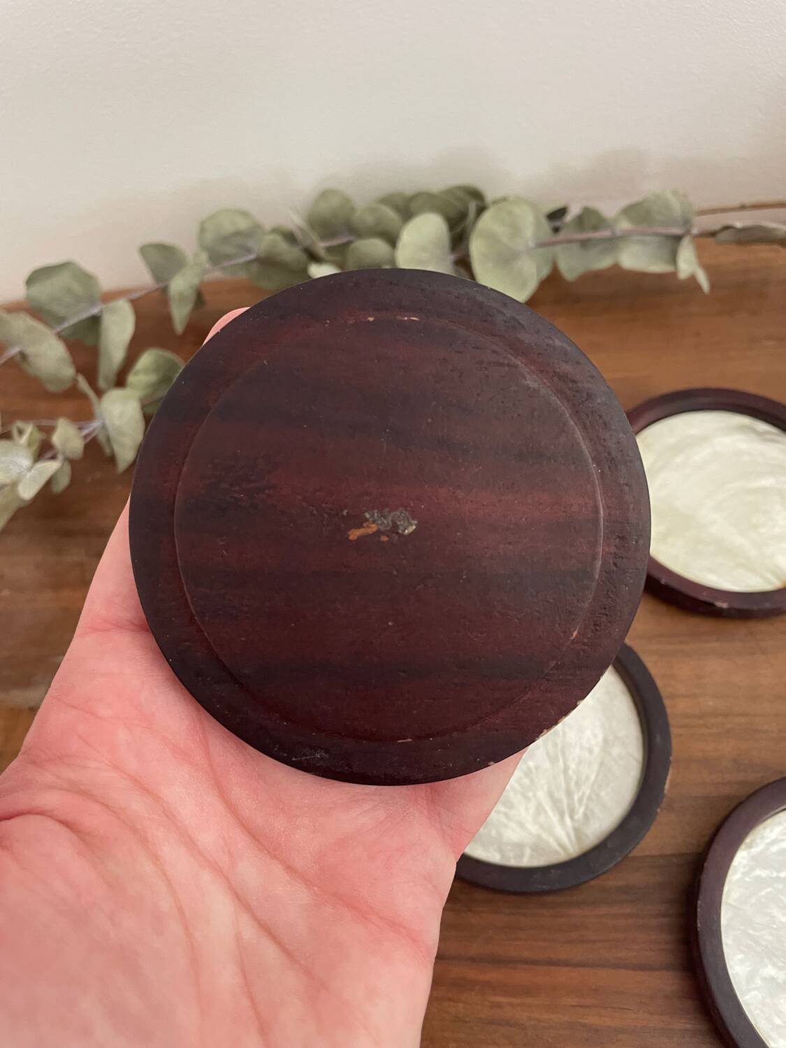 Set of 6 vintage mother-of-pearl wooden coasters