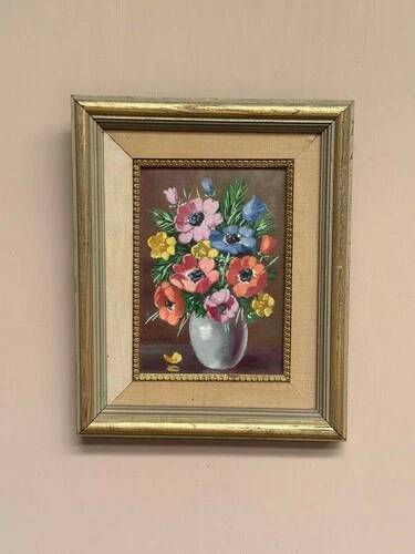 Oil on Canvas Laid on Panel “ Vase” by Sascher, Vintage & Framed 22×27cm