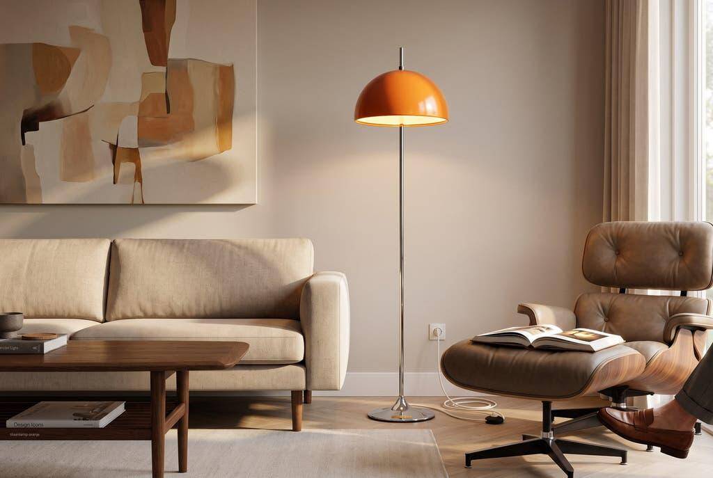 Lampadaire vintage chromé avec abat-jour orange
