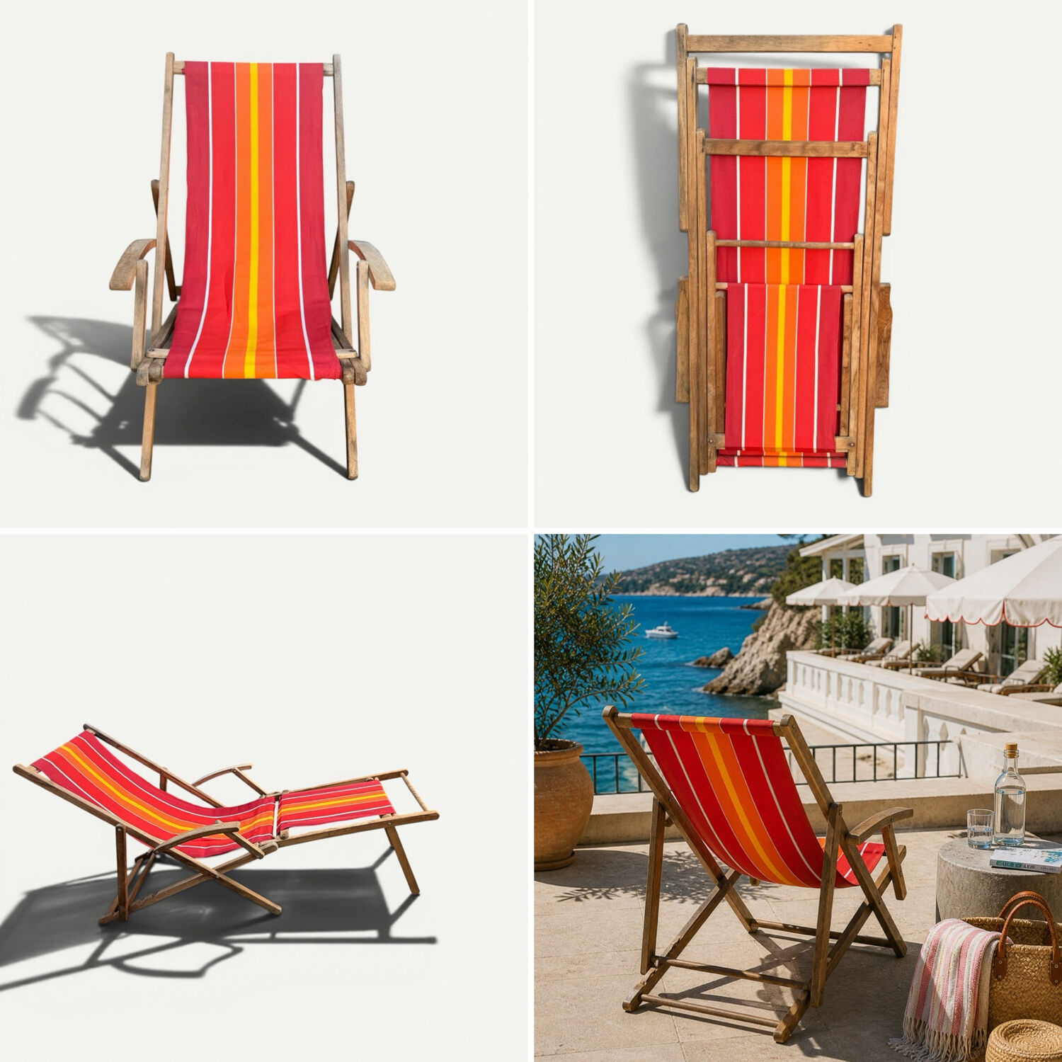 Vintage deck chair with red and orange striped fabric, original patina.