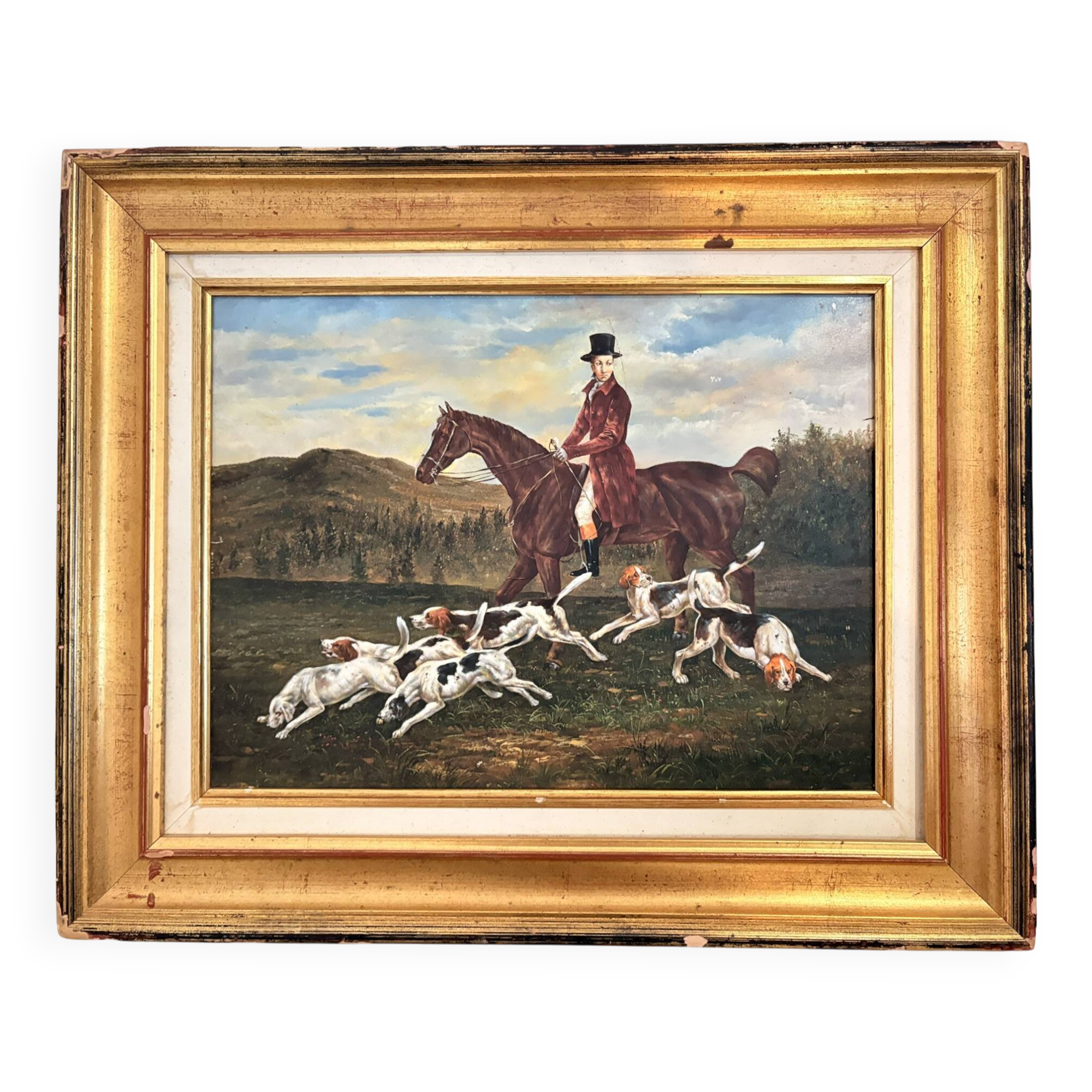 Oil Painting on Wood Panel with Golden Frame, English Hunting Dog